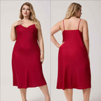 Plus Size Satin Nightdress for Women Summer One-Piece Plunge Neck Strap Loose Loungewear Sleepwear