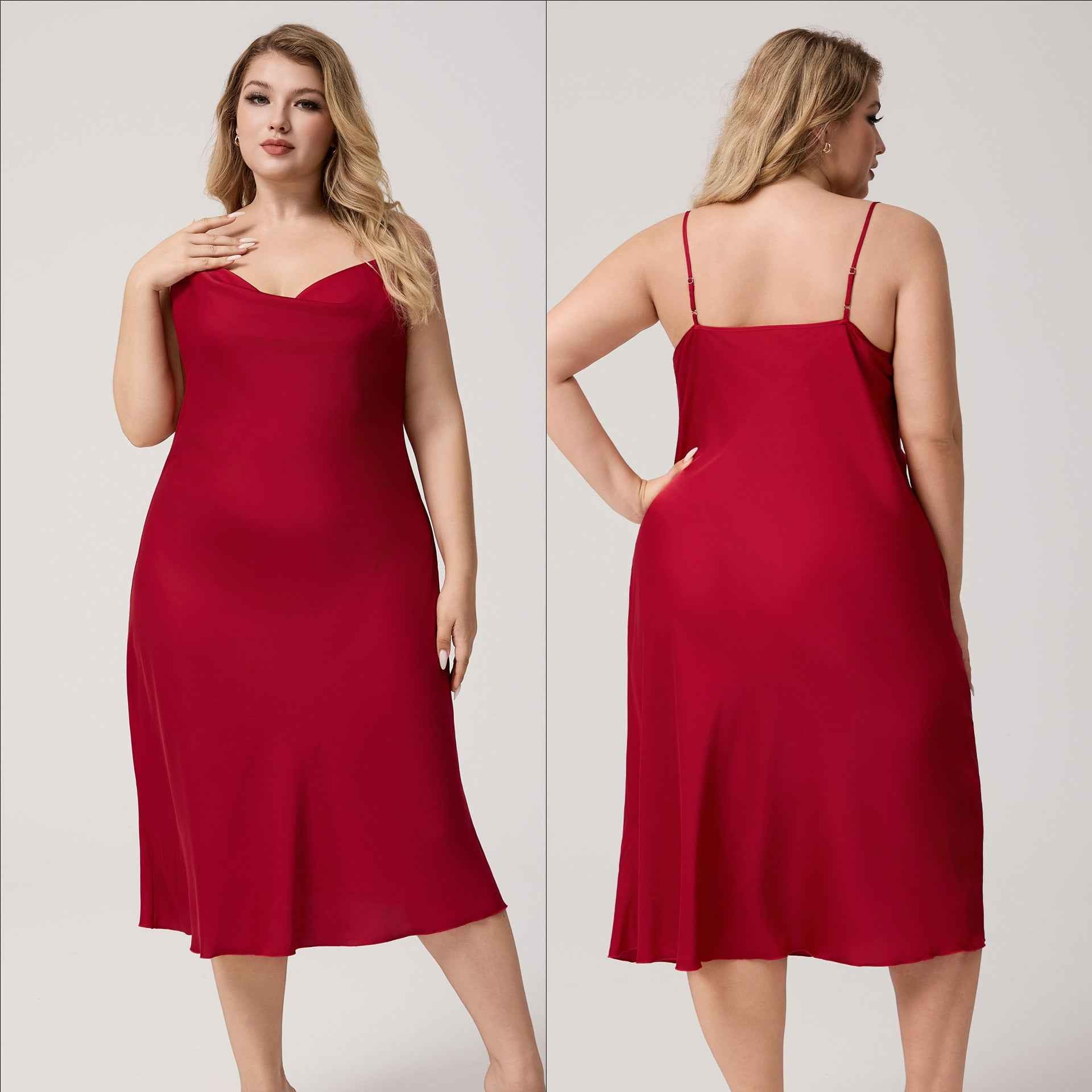 Plus Size Satin Nightdress for Women Summer One-Piece Plunge Neck Strap Loose Loungewear Sleepwear