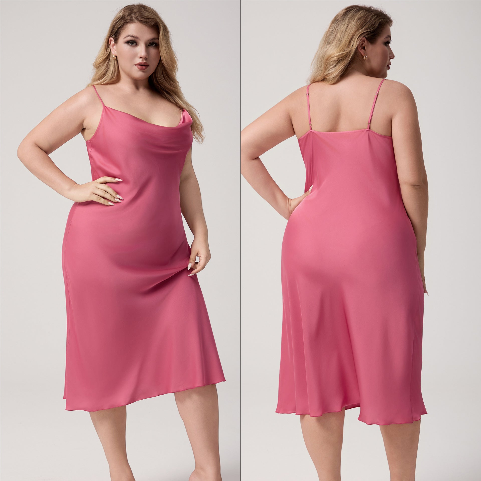Plus Size Satin Nightdress for Women Summer One-Piece Plunge Neck Strap Loose Loungewear Sleepwear