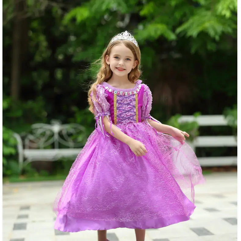 Western style dress long hair princess dress short sleeved girl performance dress holiday dress