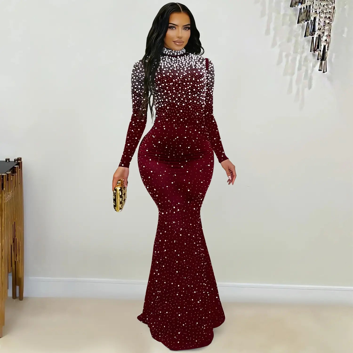 Elegant high neck rhinestone beaded bodycon dress for women fashion