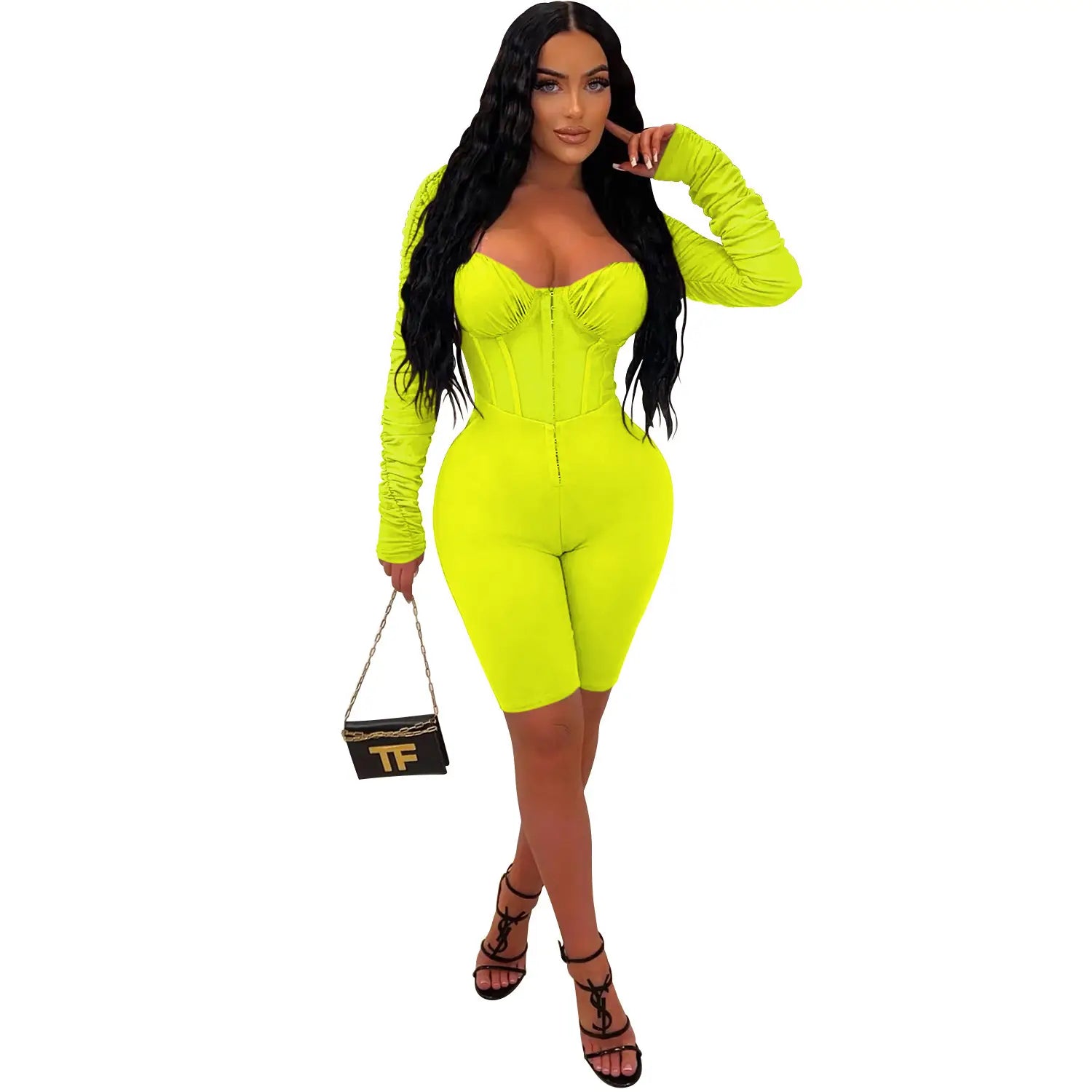 Fashion women’s solid color long sleeve short pants mesh sheer jumpsuit