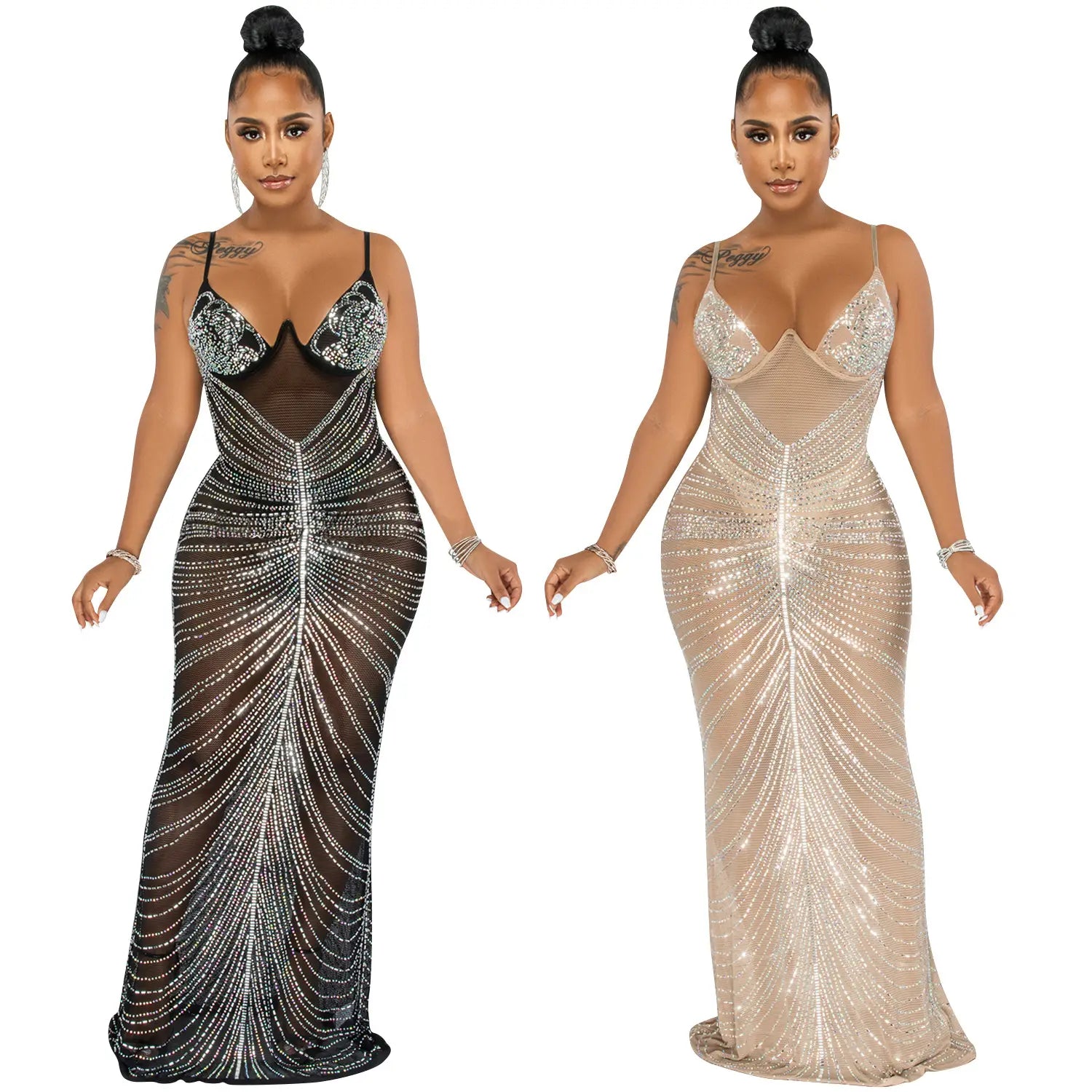 Fashion sexy beaded strapless sheer mesh long dress