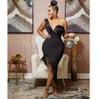 Elegant Solid Color V-Neck Sleeveless Wrap Dress with Feathered Irregular Hem Mid-Length Dress