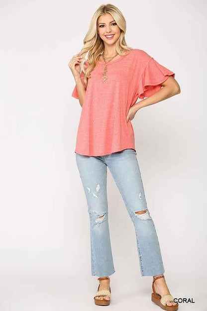 Solid Round Neck Frill Sleeve Top With Scoop Hem