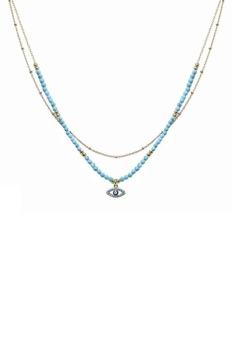 2 Layered Metal Seed Bead Evil Eye Pendant Necklace