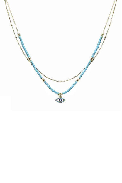 2 Layered Metal Seed Bead Evil Eye Pendant Necklace