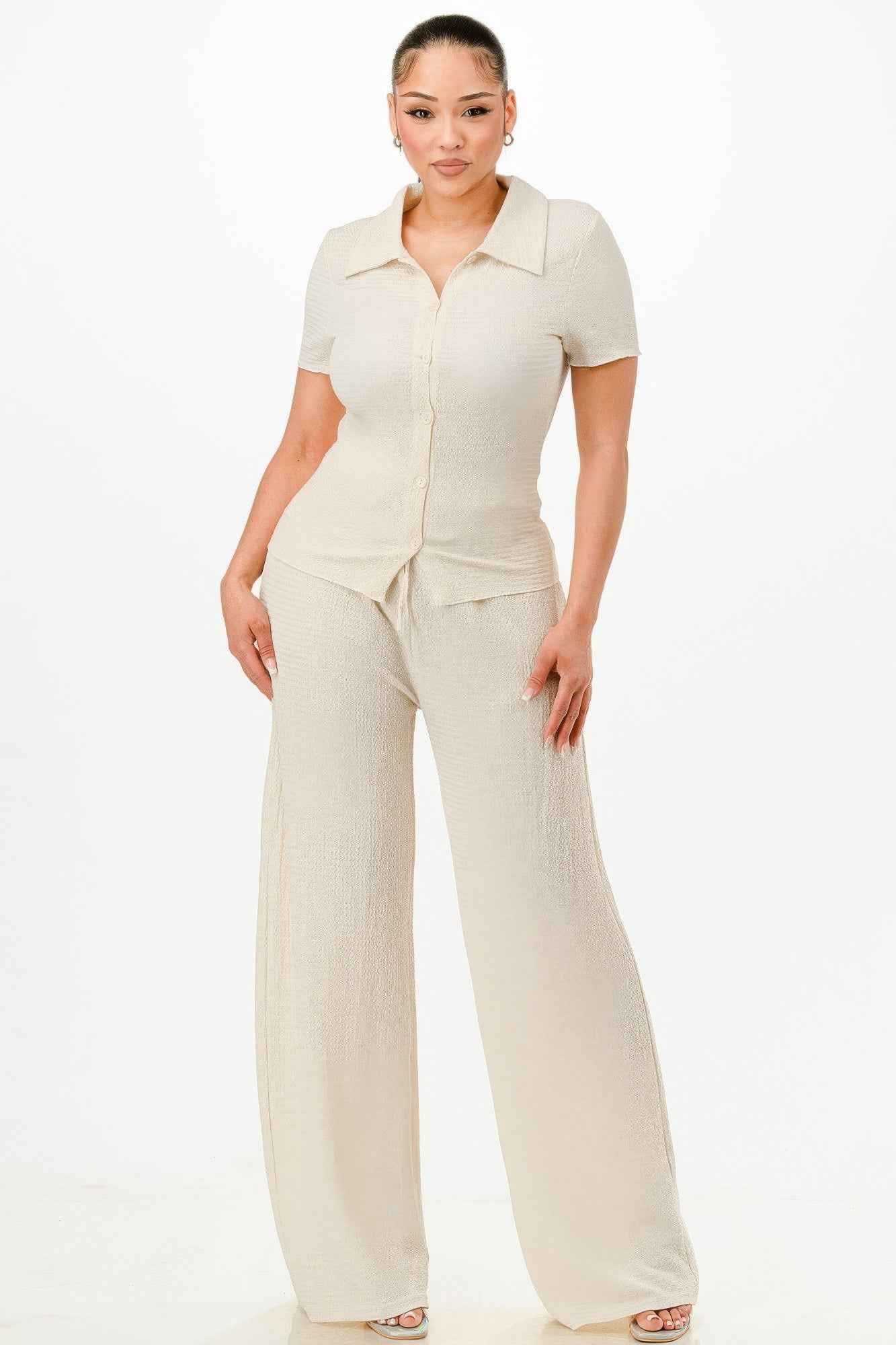 Textured Polo Top And Pants Set