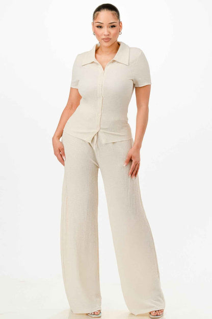 Textured Polo Top And Pants Set