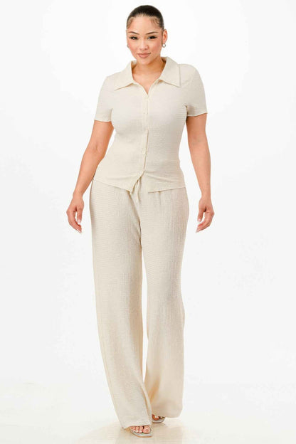 Textured Polo Top And Pants Set