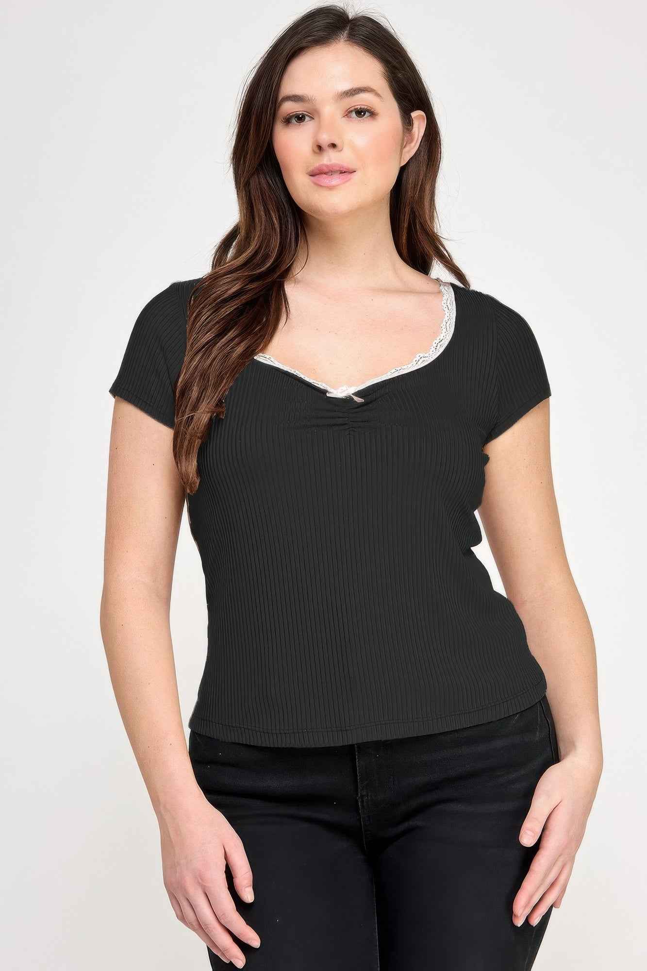 Plus Size Short Sleeve Rib Bow Trim Top