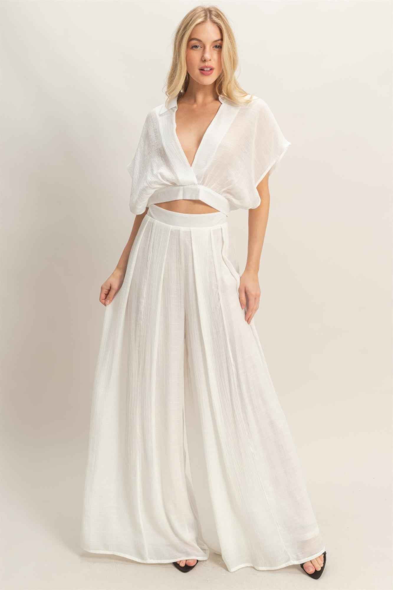Collared Wrap Top & Wide-leg Pants Set