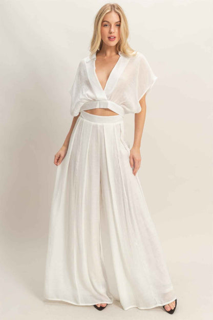 Collared Wrap Top & Wide-leg Pants Set