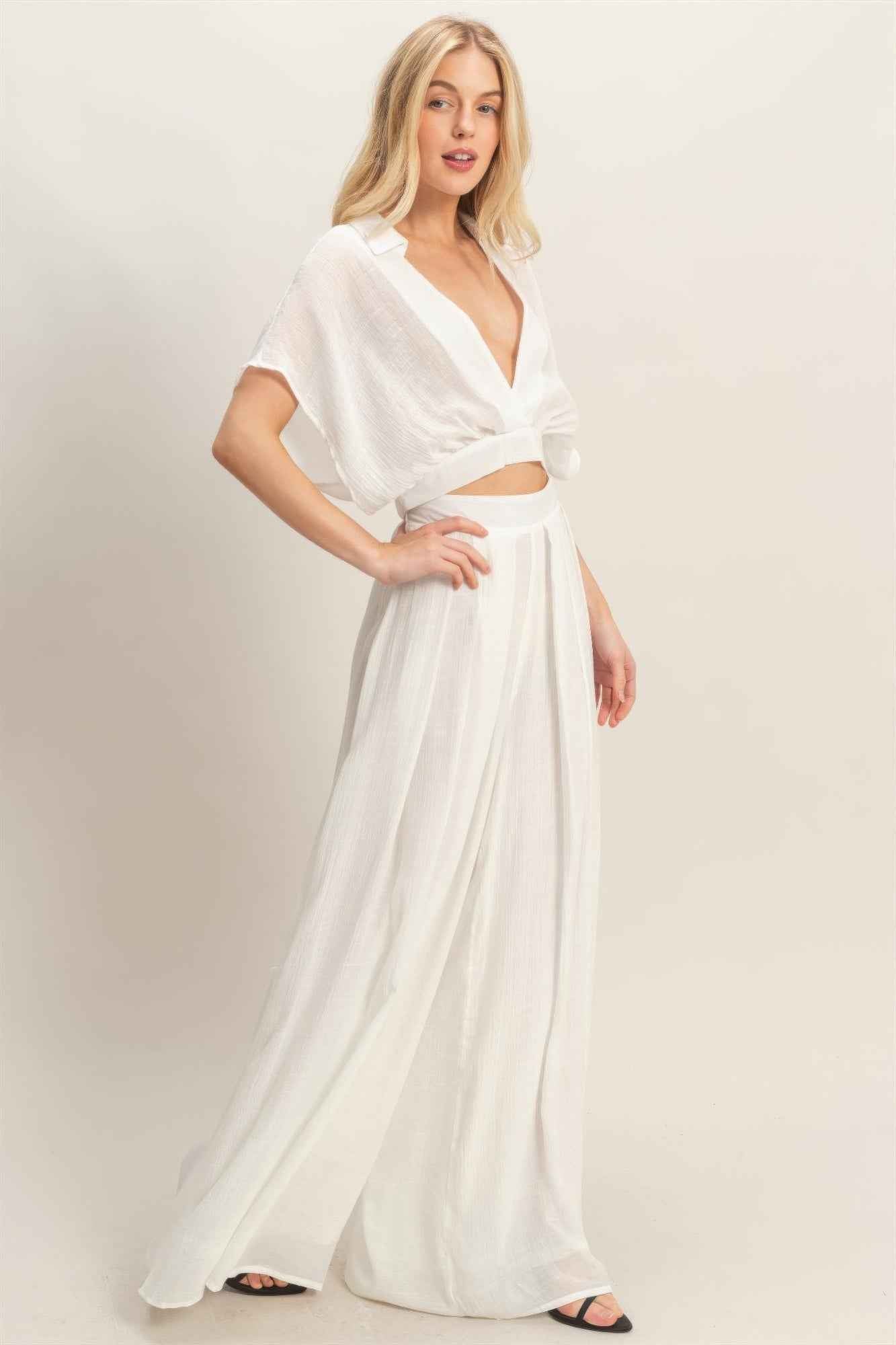 Collared Wrap Top & Wide-leg Pants Set
