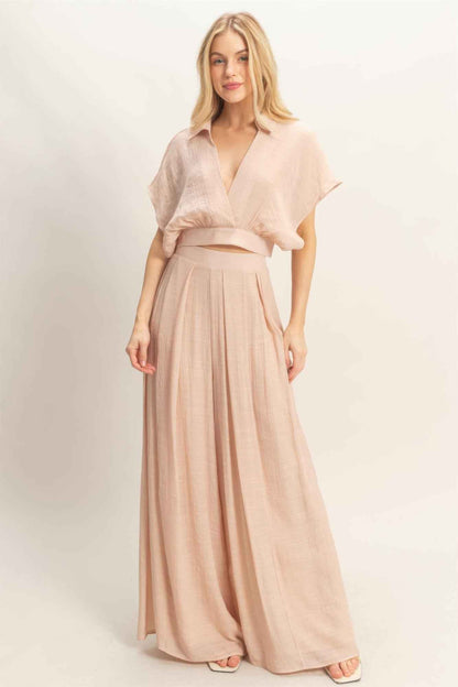 Collared Wrap Top & Wide-leg Pants Set