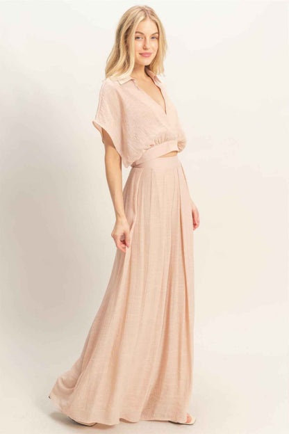 Collared Wrap Top & Wide-leg Pants Set