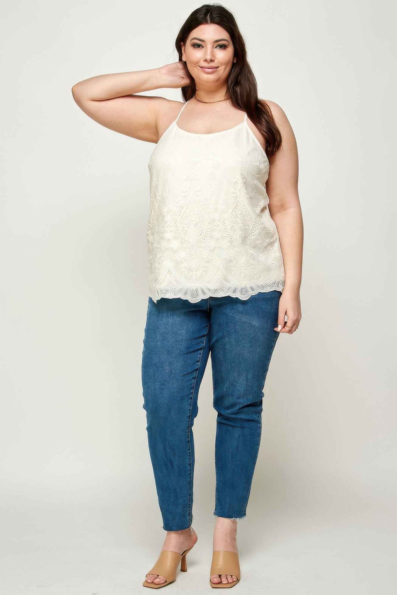 Plus Size Embroidered Mesh T-back Cami
