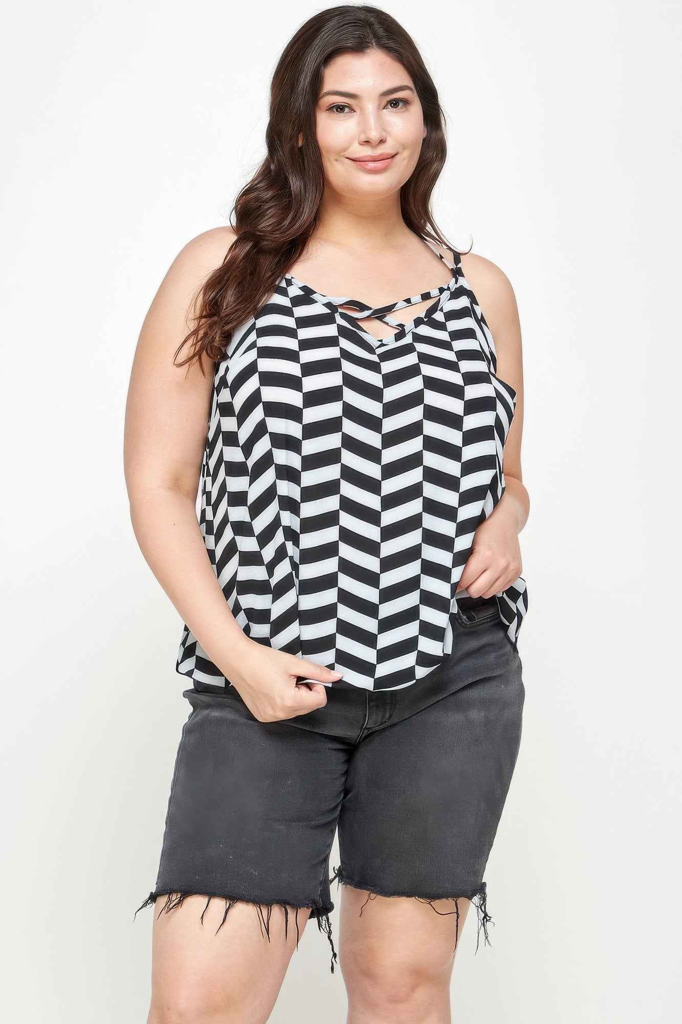 Plus Size Geometric Top With Double Spaghetti Strap