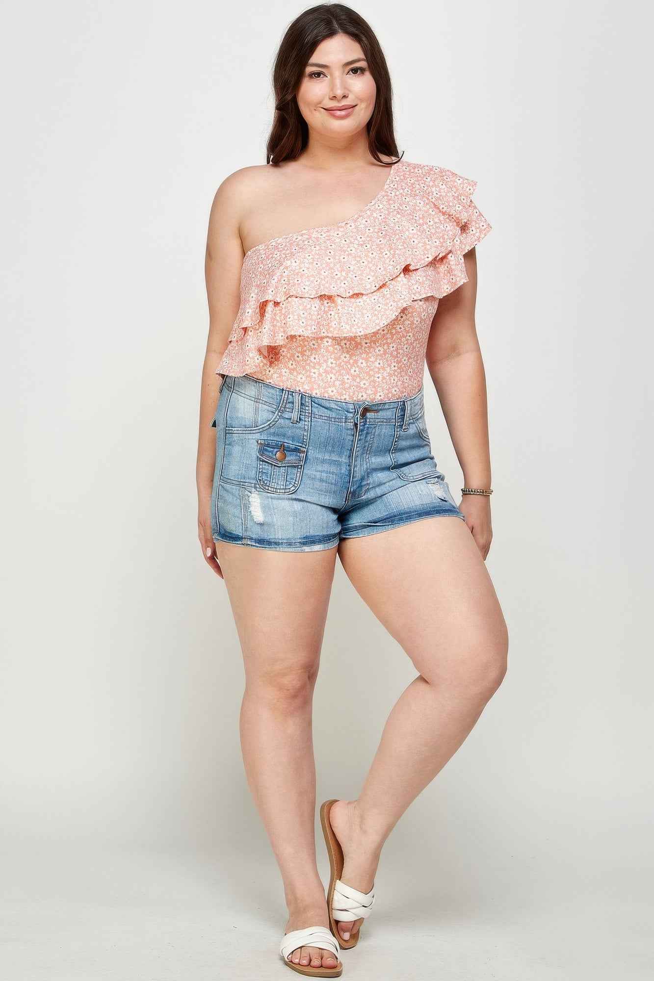 Plus Size Ditsy Floral One Shoulder Bodysuit