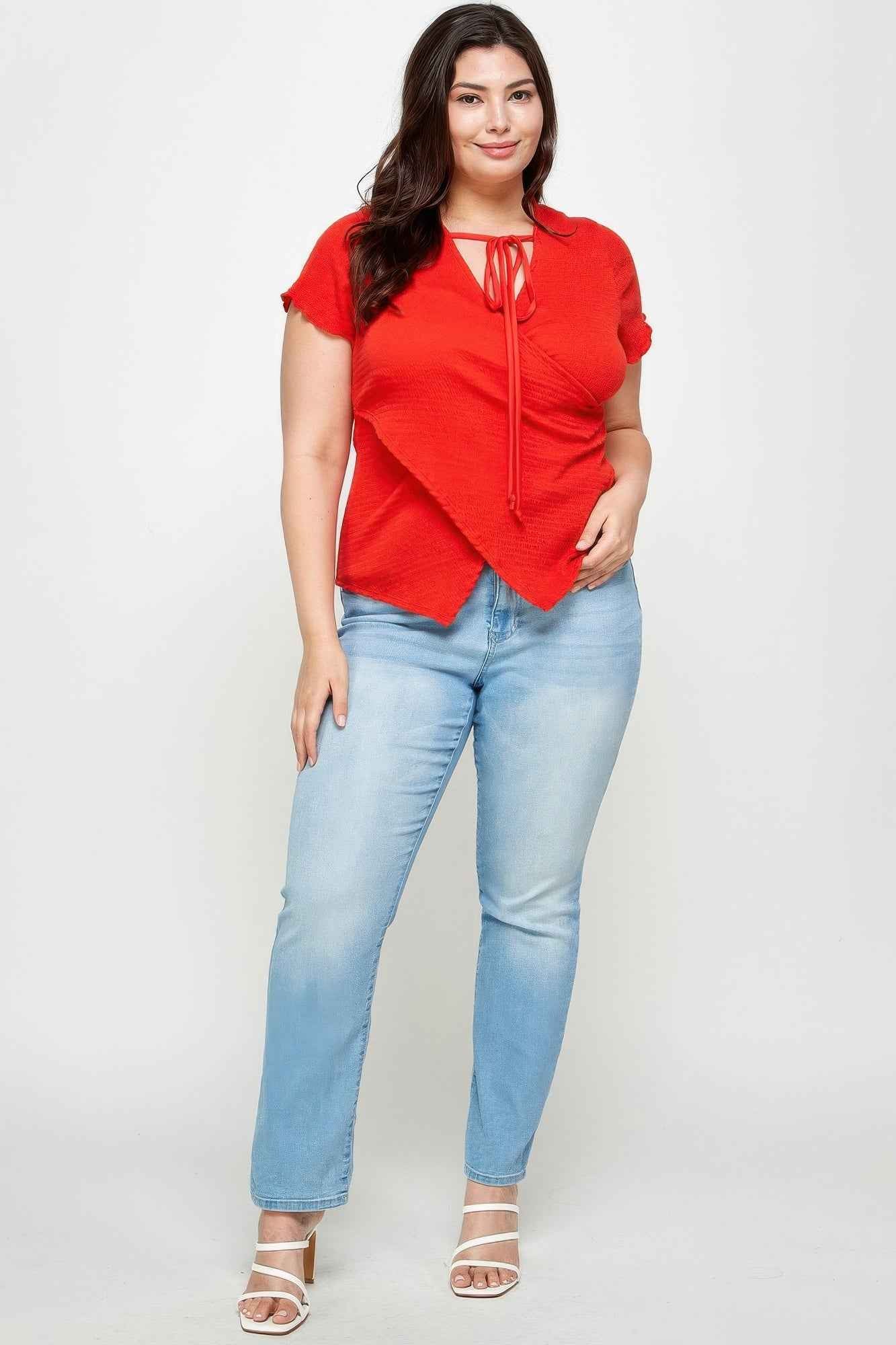 Plus Size Textured Wrap Top With Tie Neck