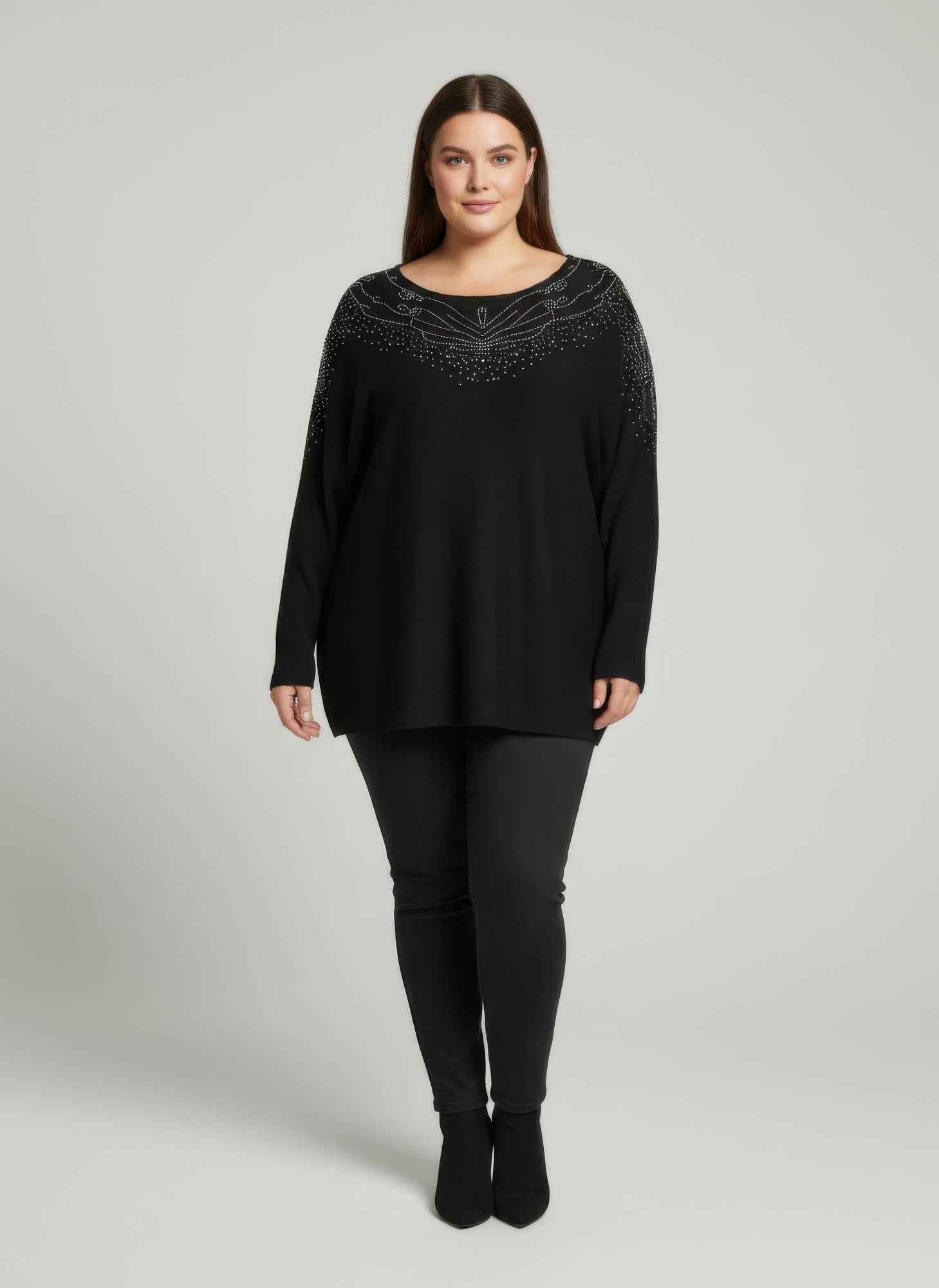 Scarlet Embellished Neckline Dolman Sleeve Tunic Top