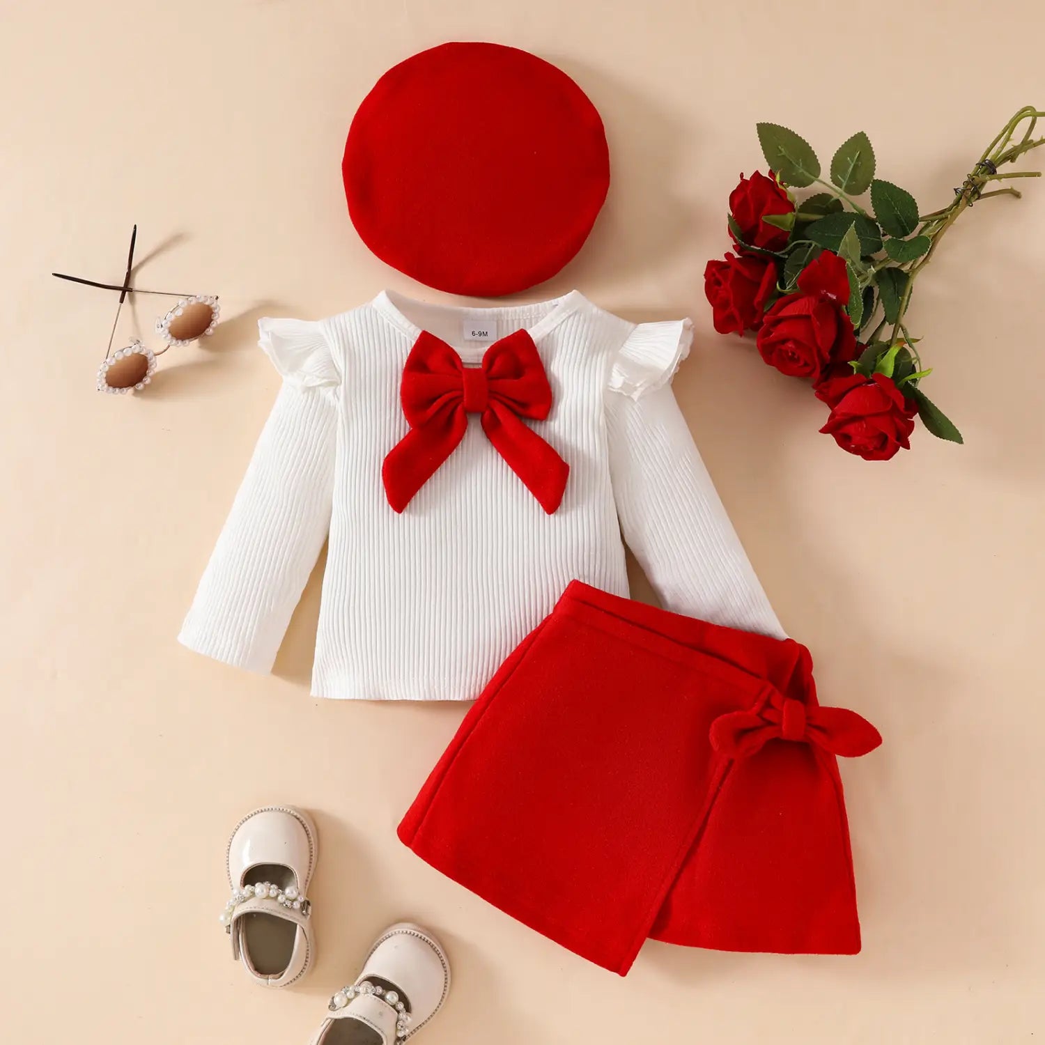 Fashion step girl big bow beret long sleeve top with velvet half skirt autumn/winter 3-piece set