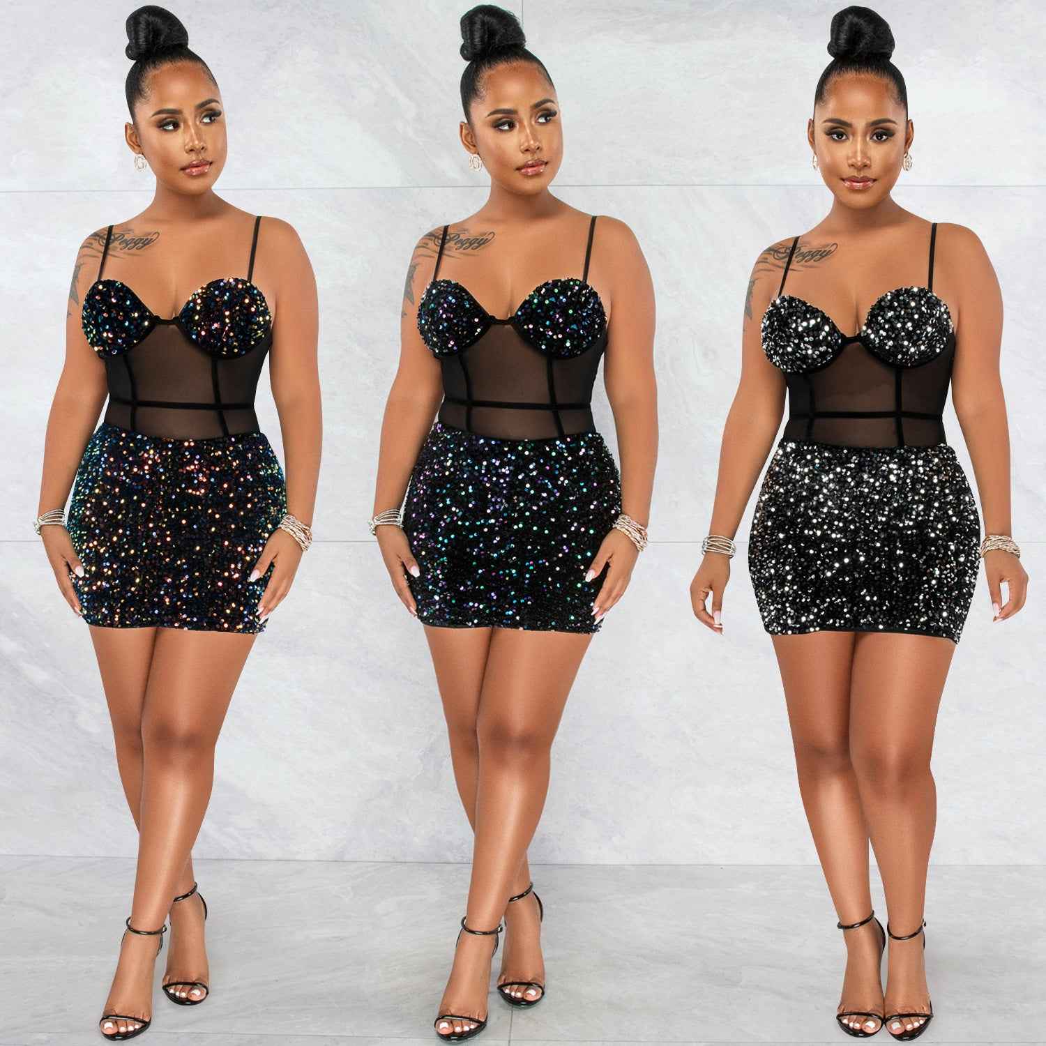 Fashion Sexy Sleeveless Sequin Mesh Sheer Zipper Midi Dress