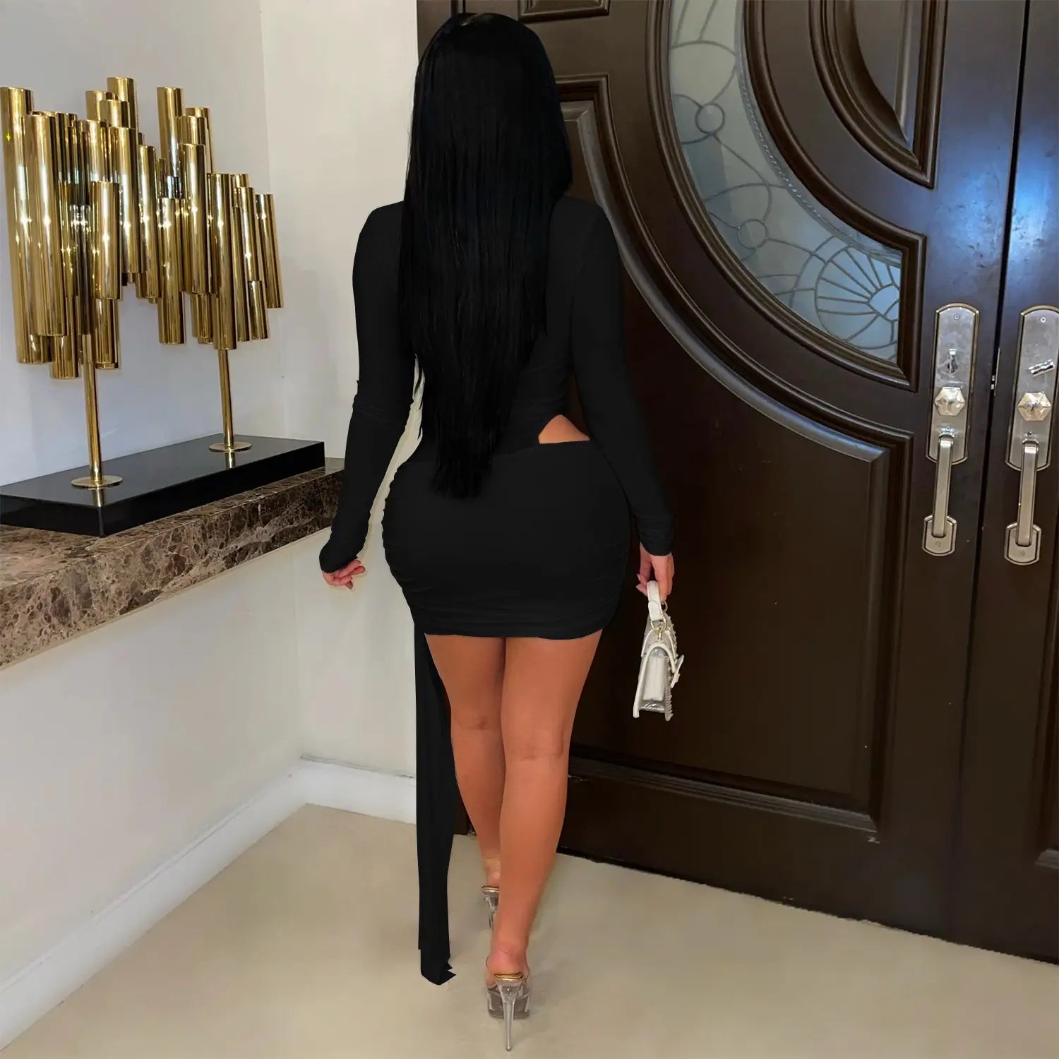 Fashion Women's Sexy Deep V Neck Solid Color Ribbon Dress Mini Dress