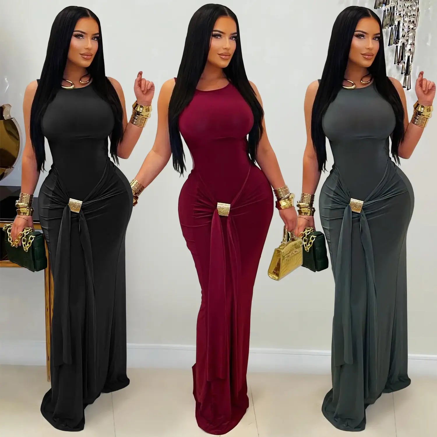 Fashion women’s elegant solid color slim backless dress