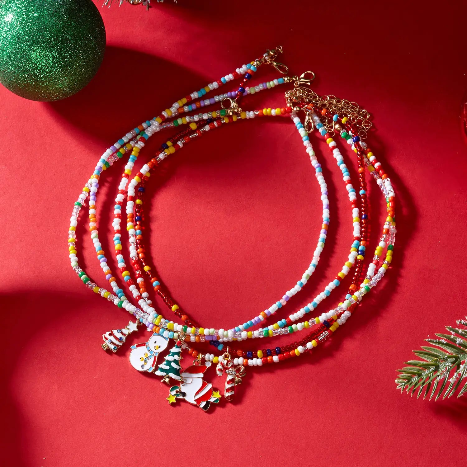 Christmas cartoon santa bell snowman snowflake pendant colorful seed bead necklace for women
