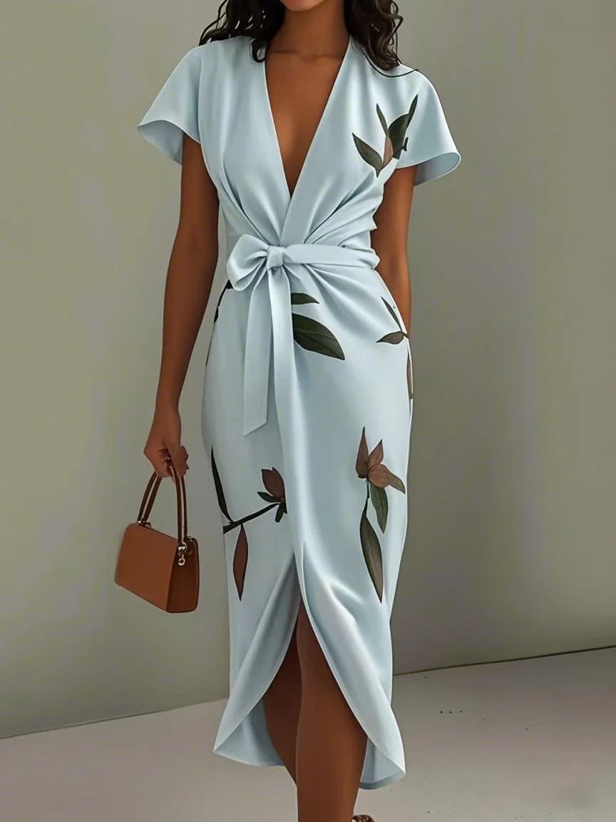 Fashion Satin Printed Belted Dress
