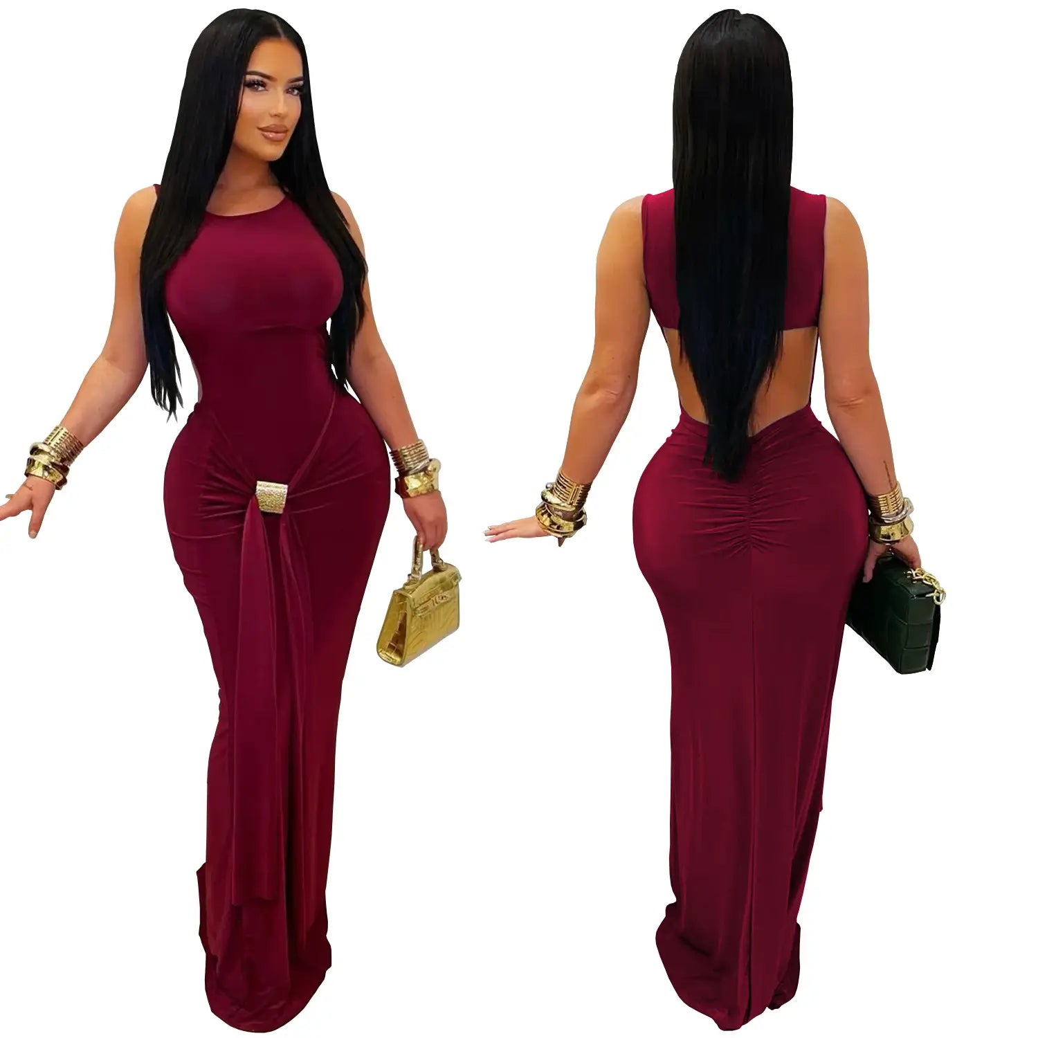 Fashion women’s elegant solid color slim backless dress