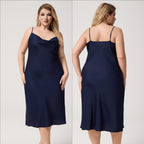 Plus Size Satin Nightdress for Women Summer One-Piece Plunge Neck Strap Loose Loungewear Sleepwear