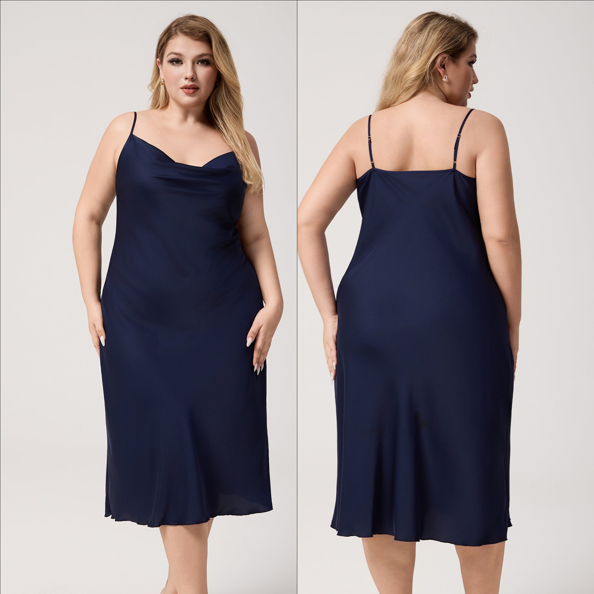 Plus Size Satin Nightdress for Women Summer One-Piece Plunge Neck Strap Loose Loungewear Sleepwear