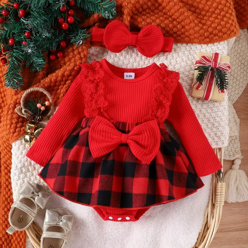 Baby girl christmas style pit stripe splicing lace plaid triangle bag fart jacket set