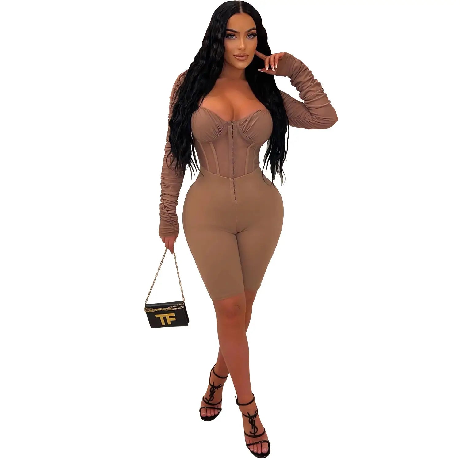 Fashion women’s solid color long sleeve short pants mesh sheer jumpsuit