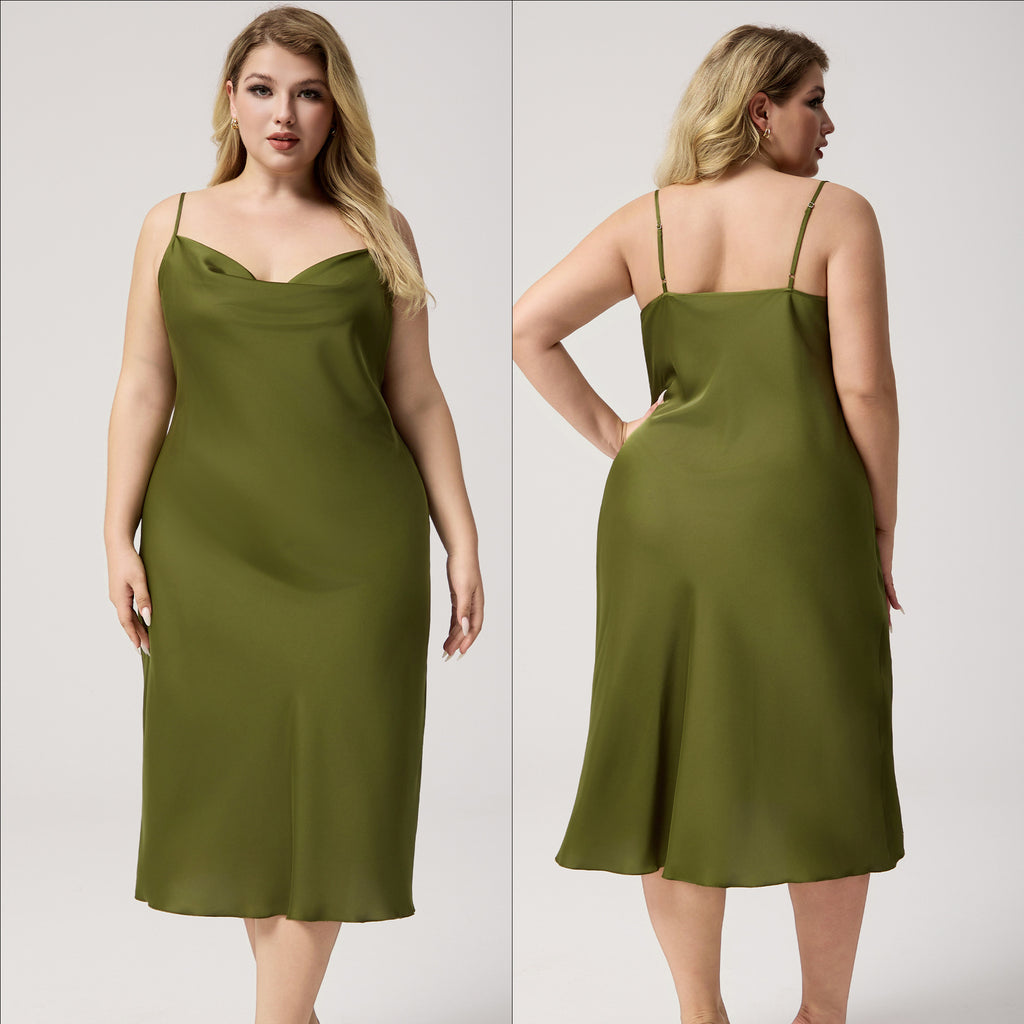 Plus Size Satin Nightdress for Women Summer One-Piece Plunge Neck Strap Loose Loungewear Sleepwear