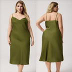 Plus Size Satin Nightdress for Women Summer One-Piece Plunge Neck Strap Loose Loungewear Sleepwear
