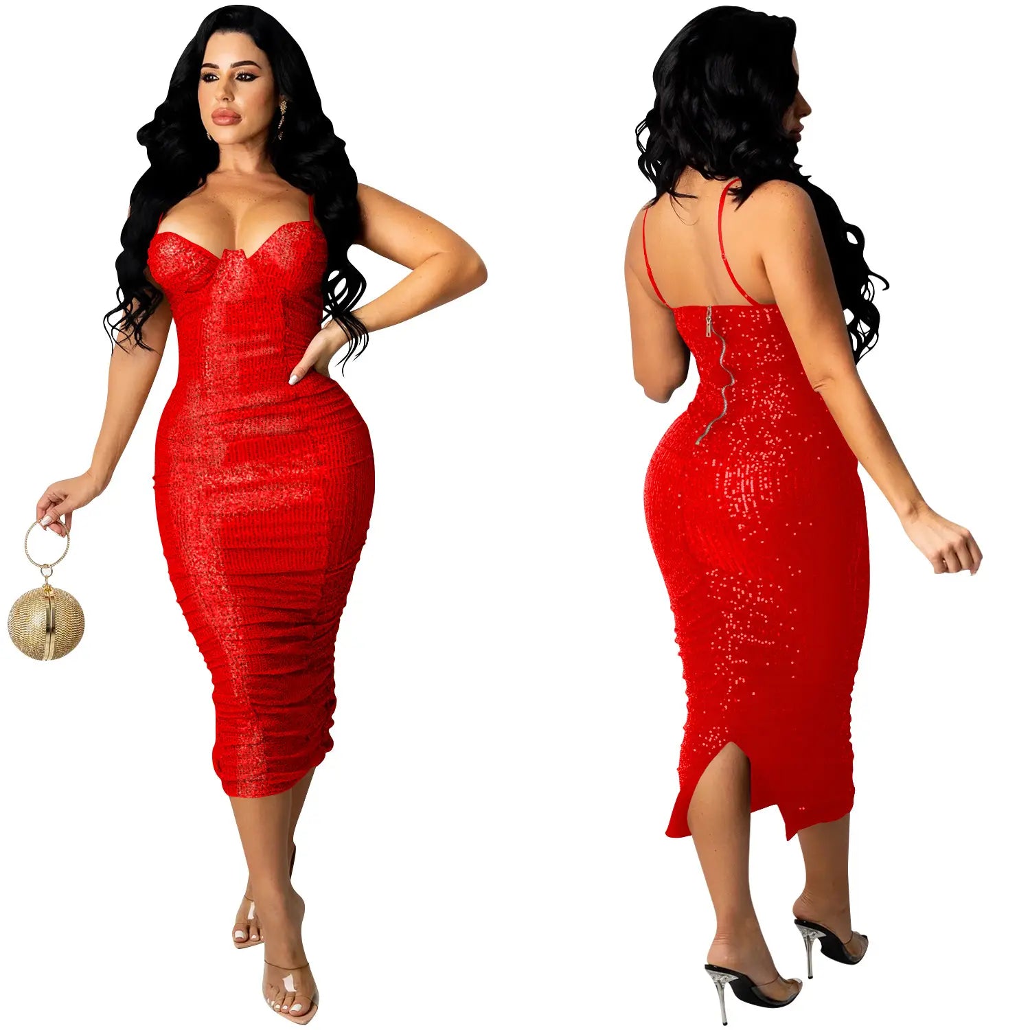 Fashionstyle sequin sexy strap split long dress for women