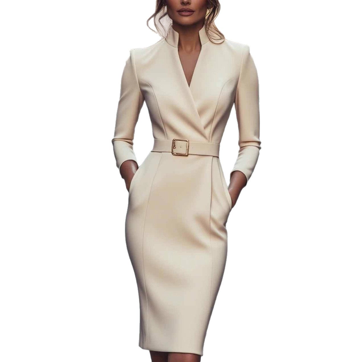 Elegant Spring Autumn Long Sleeve Pocket Dress with Belt