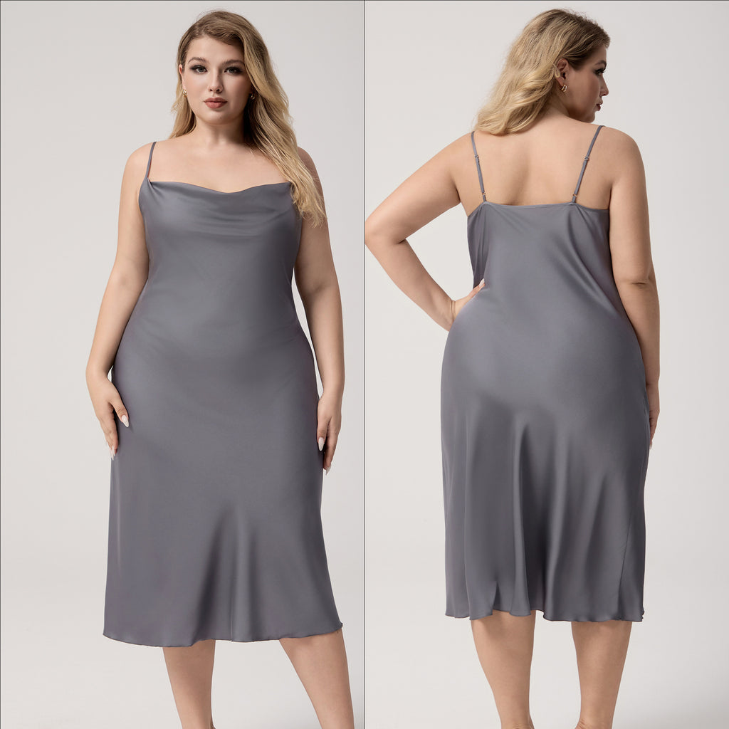 Plus Size Satin Nightdress for Women Summer One-Piece Plunge Neck Strap Loose Loungewear Sleepwear