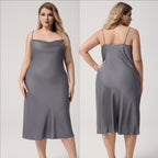 Plus Size Satin Nightdress for Women Summer One-Piece Plunge Neck Strap Loose Loungewear Sleepwear