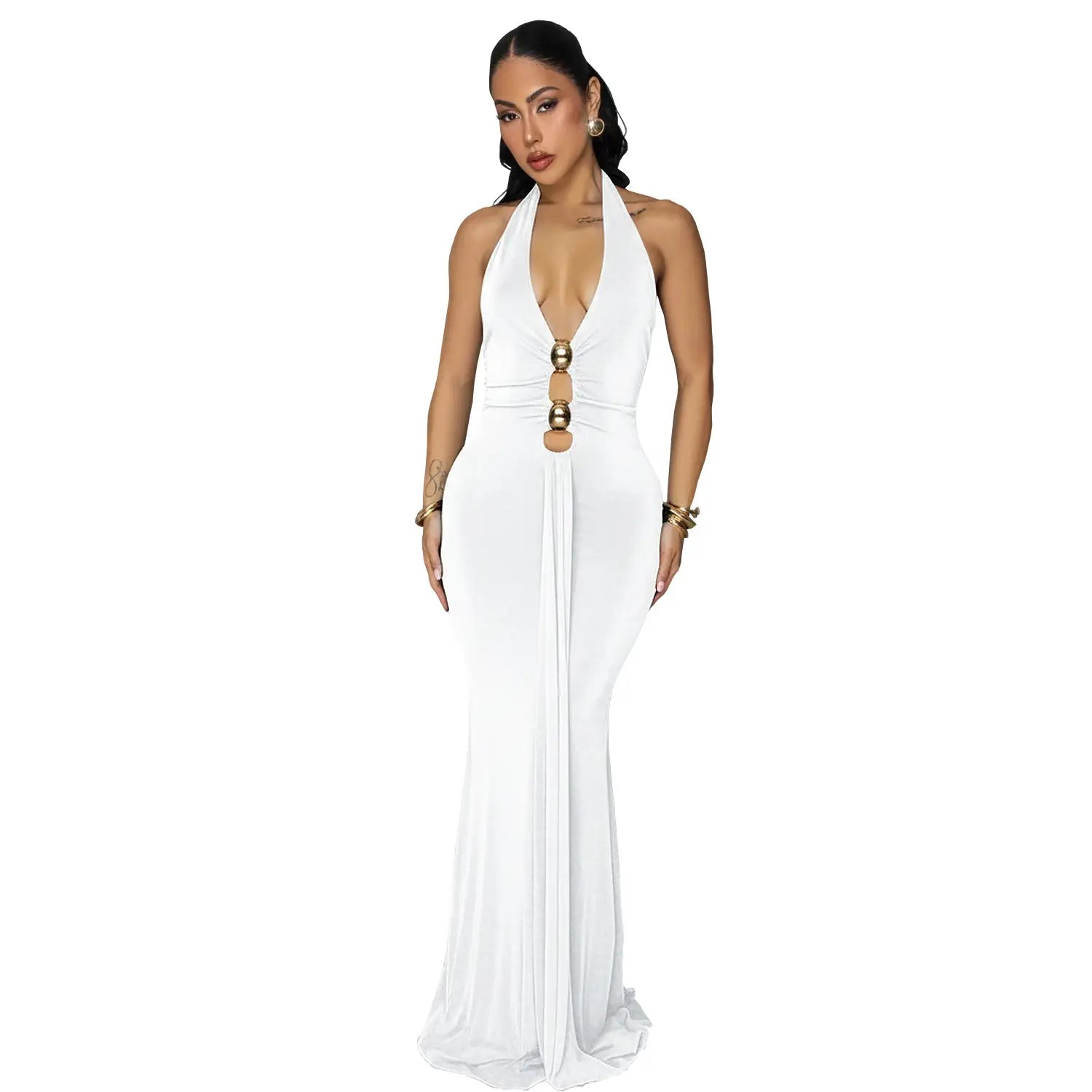 Fashion women’s sexy backless halter deep v neck solid color dress