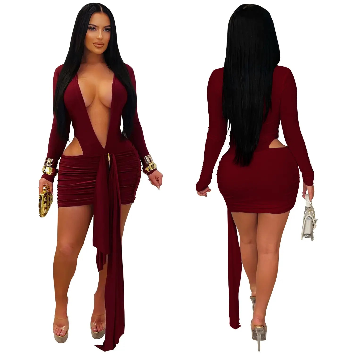 Fashion Women's Sexy Deep V Neck Solid Color Ribbon Dress Mini Dress