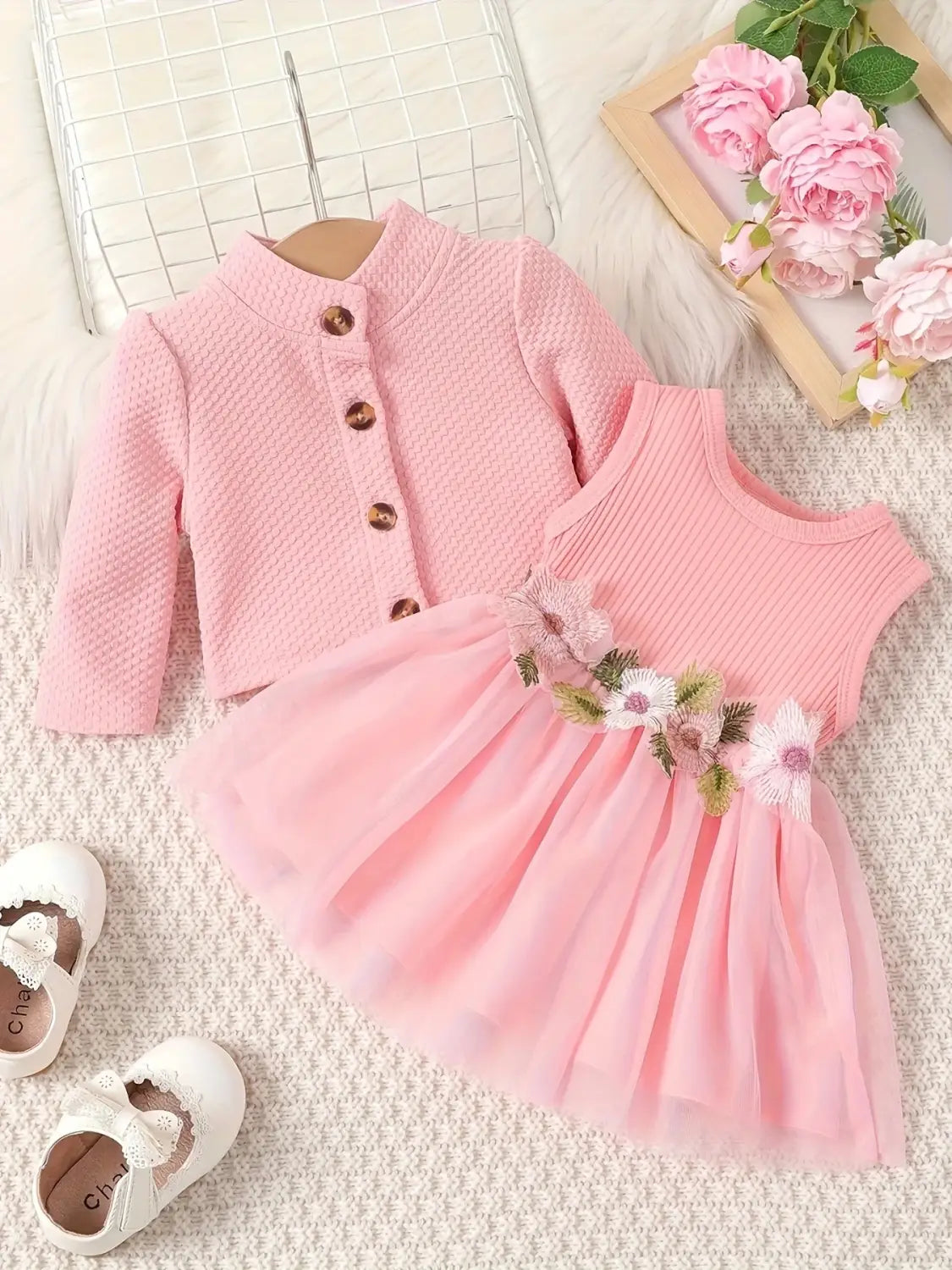 Baby girl waist flower design vest spliced mesh dress jacket for infants and young children