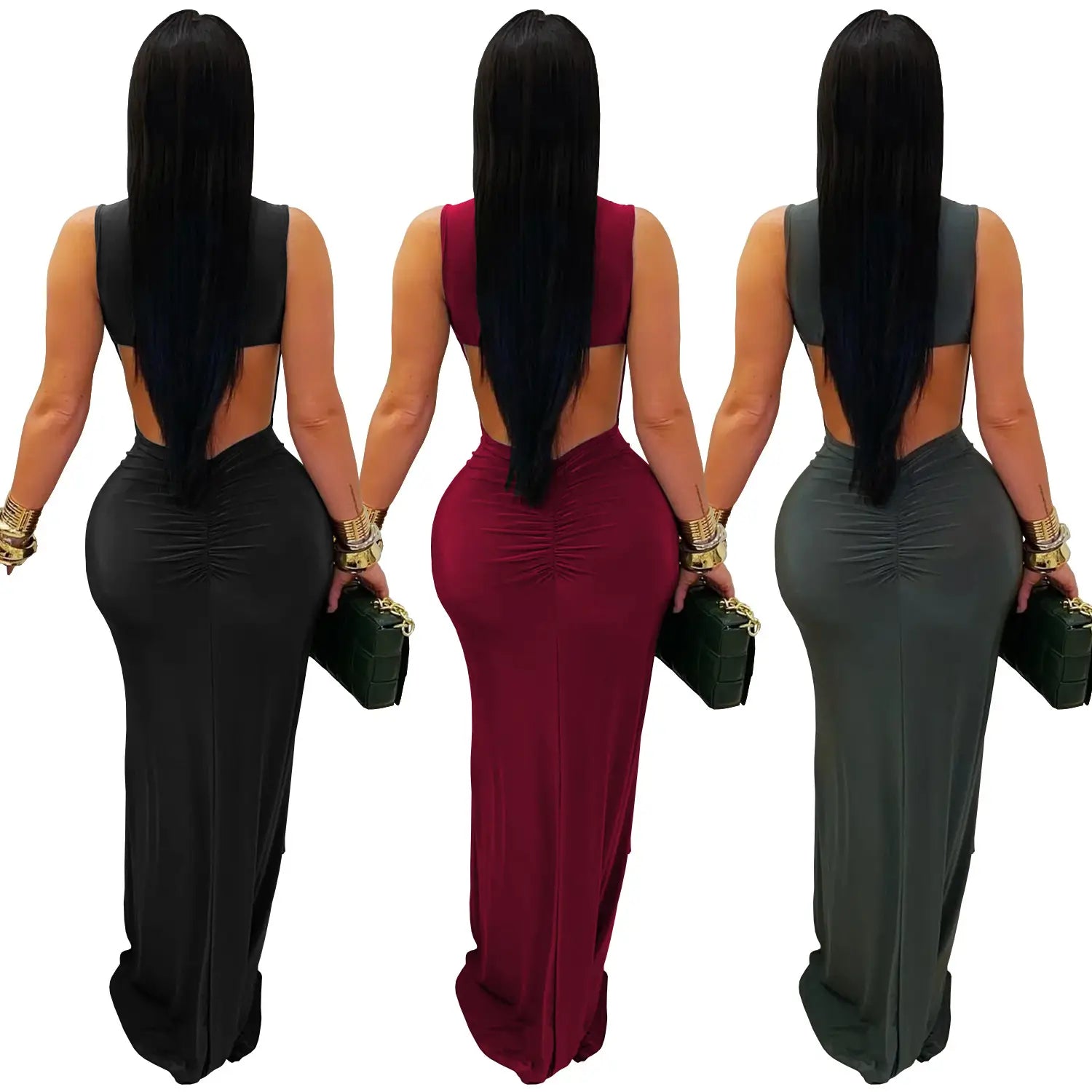 Fashion women’s elegant solid color slim backless dress