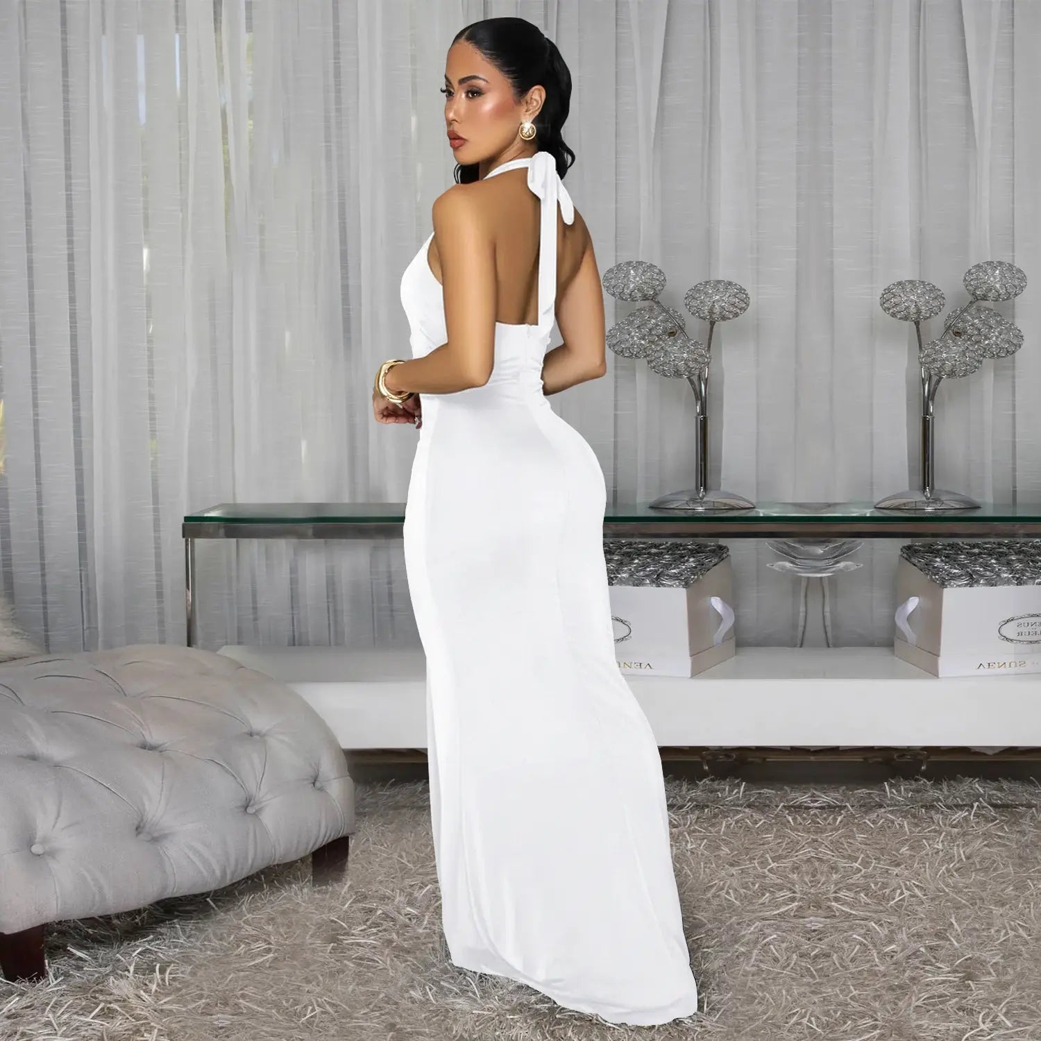 Fashion women’s sexy backless halter deep v neck solid color dress