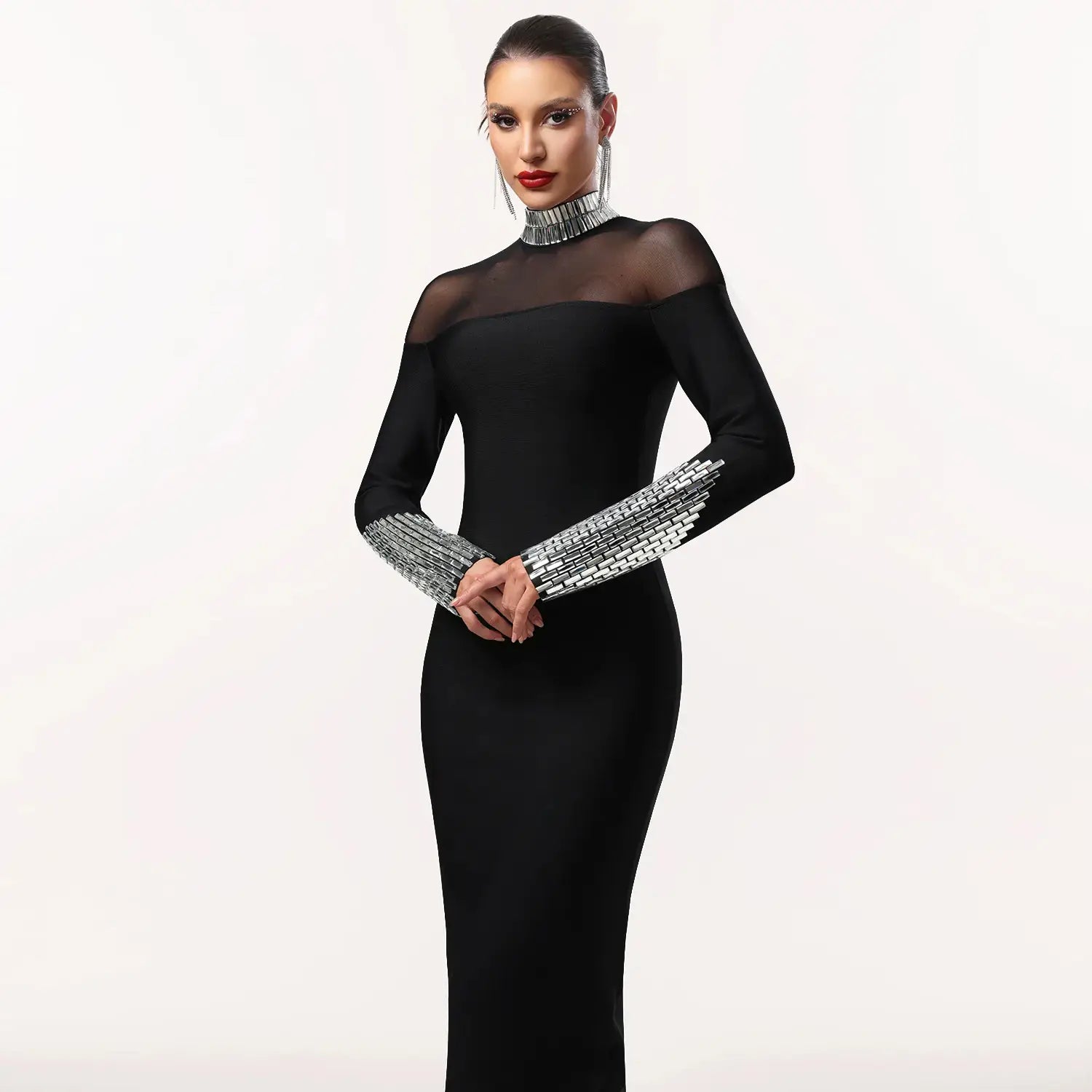 Elegant high neck long sleeve fitted sequined dress for women