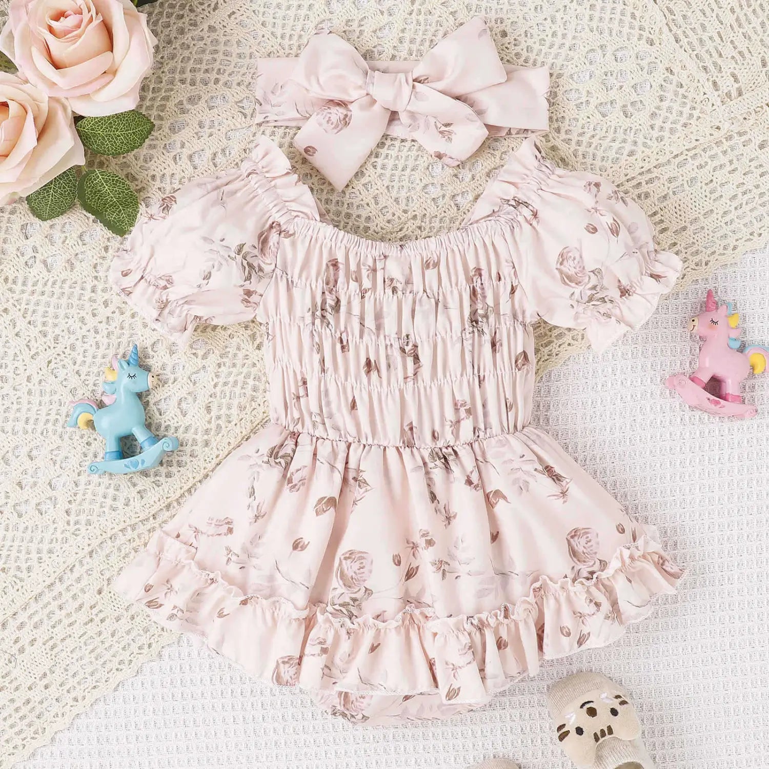 Baby and toddler two color floral skirt hem jumpsuit