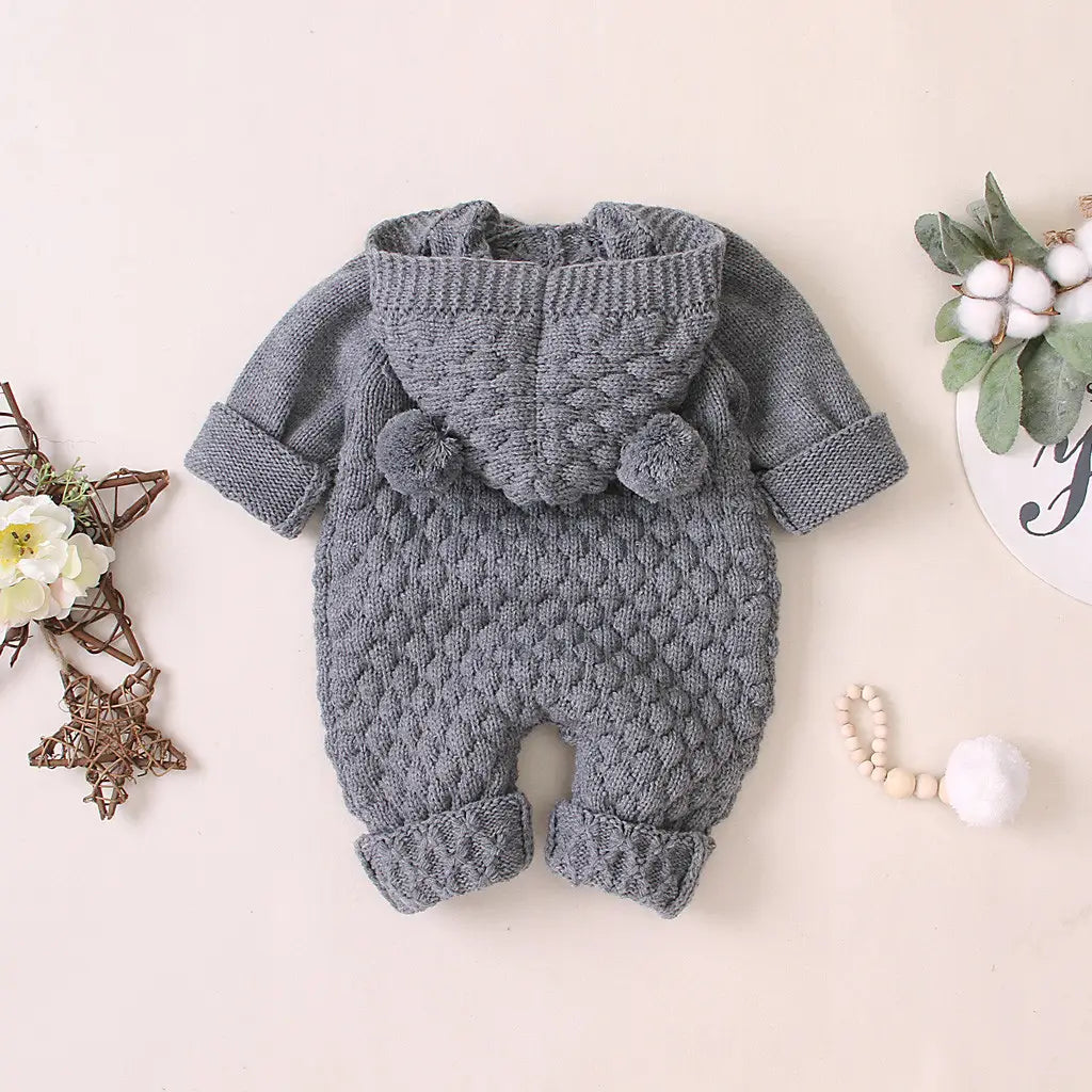 Children’s three-dimensional fur ball hooded solid color knitted jumpsuit